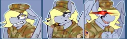 Size: 1280x393 | Tagged: alternate version, american flag, anthro, army, artist:sintacle, cigar, clothes, commission, derpibooru import, derpy hooves, digital art, expressions, eye beams, eyes closed, face doodle, female, glasses, gritted teeth, nani, open mouth, pegasus, relaxing, safe, shy, smiling, smoking, tail, wings