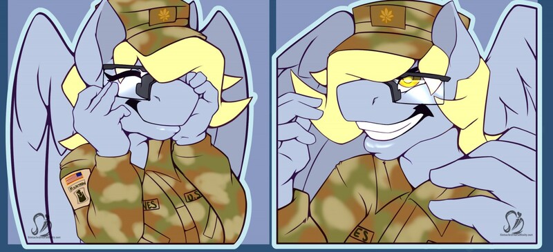 Size: 1280x584 | Tagged: alternate version, american flag, anthro, army, artist:sintacle, clothes, commission, cute, derpibooru import, derpy hooves, digital art, expressions, eyes closed, face doodle, female, glasses, gritted teeth, pegasus, safe, smiling, tail, wings
