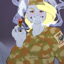 Size: 1280x1280 | Tagged: anthro, army, artist:sintacle, blushing, cigar, clothes, commission, derpibooru import, derpy hooves, digital art, female, hat, hoers, holding, looking at you, pegasus, safe, smoke, smoking, solo, wings