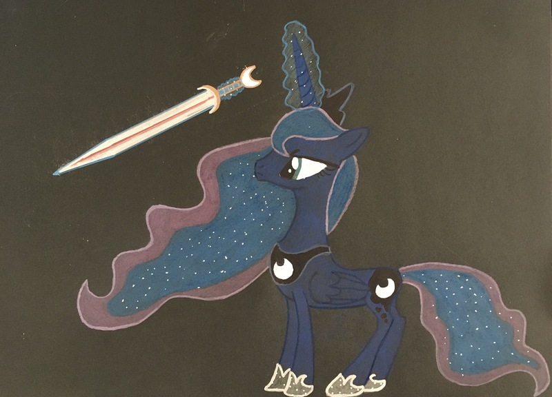 Size: 2134x1536 | Tagged: safe, artist:magicnova, derpibooru import, princess luna, alicorn, pony, black background, female, magic, magic aura, mare, simple background, solo, sword, traditional art, weapon