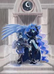 Size: 1280x1746 | Tagged: safe, artist:oneiricnebula, derpibooru import, princess luna, oc, oc:specter ace, anthro, bat pony, amazonian, assault rifle, bat pony oc, bat wings, beret, boots, braided ponytail, braided tail, clothes, coat, corset, fn scar, freckles, gloves, gun, hat, height difference, military uniform, night guard, purple eyes, rain, rifle, scar-h, shoes, tall, trenchcoat, trigger discipline, uniform, weapon, wings