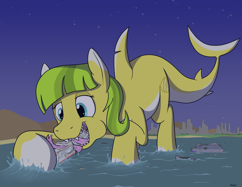 Size: 2654x2053 | Tagged: questionable, artist:rapidstrike, derpibooru import, oc, oc:lemon drop, unofficial characters only, original species, pony, shark, shark pony, boat, city, cityscape, cruise ship, destruction, drool, fins, giant pony, kitchen eyes, lifeboat, long tongue, macro, multiple prey, ocean, ponies eating humans, sharp teeth, species swap, teeth, tongue out, vore