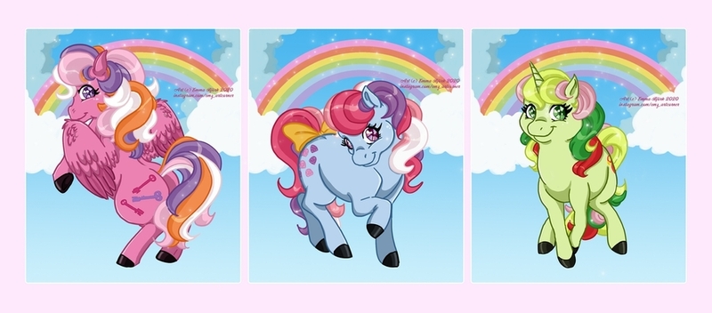 Size: 1024x451 | Tagged: artist:honeykitten, derpibooru import, g1, locket (g1), mimic (g1), rainbow, safe, sweet stuff