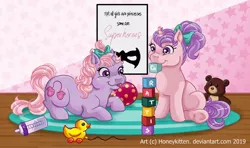 Size: 1024x608 | Tagged: safe, artist:honeykitten, derpibooru import, sniffles, snookums, baby bottle, blocks, female, filly, g1, mouth hold, swedish, teddy bear, tongue out, toy, twins