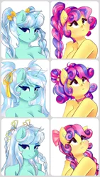 Size: 1080x1920 | Tagged: suggestive, artist:xjenn9, derpibooru import, bon bon, lyra heartstrings, sweetie drops, anthro, earth pony, unicorn, alternate hairstyle, bedroom eyes, blushing, braided pigtails, braided ponytail, breasts, cleavage, commissioner:endbringer99, duo, female, image, looking at you, looking up, pigtails, png, ponytail