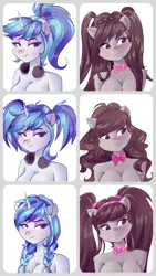 Size: 1080x1920 | Tagged: suggestive, artist:xjenn9, derpibooru import, octavia melody, vinyl scratch, anthro, earth pony, unicorn, alternate hairstyle, bedroom eyes, blushing, braided pigtails, breasts, cheek fluff, chest fluff, cleavage, commissioner:endbringer99, duo, ear fluff, female, image, looking away, pigtails, png, ponytail, shoulder fluff
