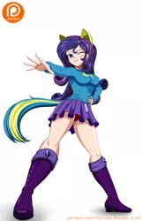 Size: 3216x5000 | Tagged: suggestive, artist:conrad-hauser, derpibooru import, rarity, human, equestria girls, equestria girls (movie), anime, blushing, boots, breasts, busty rarity, clothes, female, human coloration, humanized, legs, miniskirt, one eye closed, panties, patreon, patreon logo, red underwear, ribbon, shoes, simple background, skirt, solo, sweater, thighs, underwear, upskirt, white background, wink, wondercolts uniform