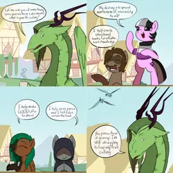 Size: 2562x2562 | Tagged: safe, artist:professor-ponyarity, derpibooru import, oc, oc:ace, oc:caffeine hazard, oc:edgar allen poeny, oc:feraxis, oc:rye, unofficial characters only, dragon, pony, tumblr:ask rye dimar dragon, female, male, mare, stallion