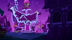 Size: 1280x720 | Tagged: 28 pranks later, background, derpibooru import, night, no pony, ponyville, safe, scenic ponyville, screencap, sugarcube corner