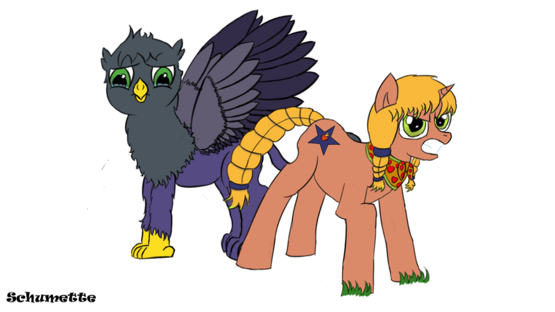 Size: 1280x720 | Tagged: safe, artist:schumette14, derpibooru import, oc, oc:gabin, oc:lustre elstar, gryphon, pony, unicorn, friendship, next generation, offspring, parent:applejack, parent:applelight, parent:twijack, parent:twilight sparkle, school, shipping