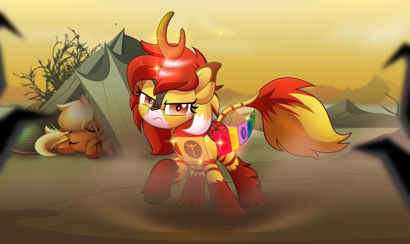 Size: 800x476 | Tagged: safe, artist:jhayarr23, derpibooru import, oc, oc:misty tailwind, oc:mystic fire, unofficial characters only, bat pony, kirin, angry, blood, earthbending, injured, magic, protecting, scratches, spell card, tent, unconscious