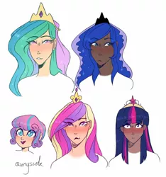 Size: 1280x1370 | Tagged: alternate hairstyle, artist:amyszek, big crown thingy, blushing, crown, dark skin, derpibooru import, element of magic, eyeshadow, female, human, humanized, jewelry, makeup, mother and child, mother and daughter, open mouth, princess cadance, princess celestia, princess flurry heart, princess luna, regalia, royal sisters, safe, simple background, twilight sparkle, white background