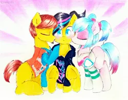 Size: 2978x2322 | Tagged: safe, artist:liaaqila, derpibooru import, ponified, earth pony, pony, armor, bisexual, blank flank, clothes, commission, crossover, cute, emmet brickowski, eyes closed, eyeshadow, female, hoodie, kiss on the cheek, kiss sandwich, kissing, lego, lesbian, makeup, male, non-mlp shipping, pen, raised hoof, shipping, shirt, sitting, spacesuit, straight, surprised, sweet mayhem, the lego movie, the lego movie 2: the second part, traditional art, underhoof, vest, wyldstyle