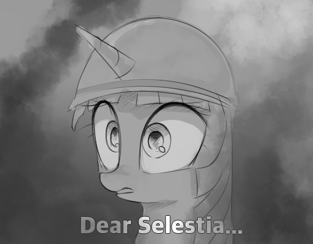 Size: 611x476 | Tagged: safe, artist:some_ponu, derpibooru import, twilight sparkle, alicorn, pony, flashback, helmet, horn, misspelling, monochrome, open mouth, simple background, solo, thousand yard stare, vietnam