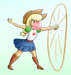 Size: 1200x1275 | Tagged: safe, artist:thiridian, derpibooru import, applejack, equestria girls, apple, boots, bubble, bubblegum, clothes, commission, dress, female, food, gum, hat, lasso, open mouth, rope, shoes, smiling, solo, spread arms, standing