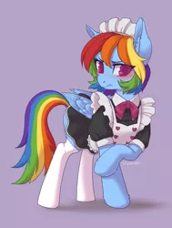 Size: 2903x3836 | Tagged: safe, artist:taytinabelle, derpibooru import, part of a set, rainbow dash, pegasus, pony, alternate hairstyle, apron, averted gaze, blushing, bowtie, button-up shirt, clothes, colored pupils, cute, dashabetes, dock, ear fluff, embarrassed, eye clipping through hair, female, high res, image, jpeg, looking away, maid, maid headdress, mare, outfit, rainbow dash always dresses in style, rainbow maid, raised hoof, ruffles, simple background, socks, solo, stockings, thigh highs, tsunderainbow, tsundere, unshorn fetlocks