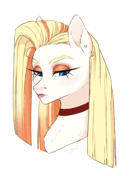 Size: 2158x2806 | Tagged: safe, artist:e-boi, derpibooru import, oc, oc:coffee cake, unofficial characters only, earth pony, pony, bust, choker, ear piercing, earth pony oc, female, frown, lipstick, makeup, mare, offspring, parent:donut joe, parent:pinkie pie, parents:pinkiejoe, piercing, simple background, solo, transparent background