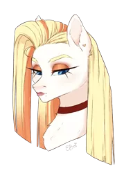 Size: 2158x2806 | Tagged: safe, artist:e-boi, derpibooru import, oc, oc:coffee cake, unofficial characters only, earth pony, pony, bust, choker, ear piercing, earth pony oc, female, frown, lipstick, makeup, mare, offspring, parent:donut joe, parent:pinkie pie, parents:pinkiejoe, piercing, simple background, solo, transparent background