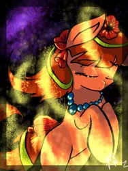 Size: 768x1024 | Tagged: safe, artist:kiwwsplash, derpibooru import, oc, unofficial characters only, earth pony, pony, abstract background, earth pony oc, eyes closed, jewelry, necklace, pearl necklace, solo