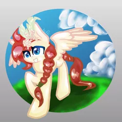 Size: 1024x1024 | Tagged: safe, artist:kiwwsplash, derpibooru import, oc, unofficial characters only, pegasus, pony, braid, cloud, flower, flower in hair, outdoors, pegasus oc, raised hoof, smiling, solo, wings