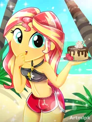 Size: 1800x2400 | Tagged: safe, artist:artmlpk, derpibooru import, sunset shimmer, human, equestria girls, adorable face, adorasexy, adorkable, alternate hairstyle, bare chest, beach, beautiful, bikini, bikini top, blushing, board shorts, cake, chocolate, chocolate cake, clothes, cute, dessert, digital art, dork, female, finger in mouth, food, fruit, image, jpeg, licking, long hair, looking at you, ocean, palm tree, plants, sand, sexy, shimmerbetes, shorts, side slit, sleeveless, solo, solo female, strawberry, swimsuit, teal eyes, thighs, tomboy, tongue out, tree, two toned bottomwear, two toned hair, water, watermark, yellow skin