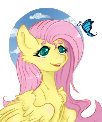 Size: 800x950 | Tagged: safe, artist:vollight, derpibooru import, fluttershy, butterfly, pegasus, pony, bust, cheek fluff, chest fluff, female, heart eyes, looking at something, looking up, mare, open mouth, partial background, portrait, simple background, sky, smiling, solo, spread wings, stray strand, three quarter view, transparent background, wingding eyes, wings