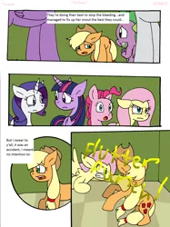 Size: 1622x2168 | Tagged: safe, artist:cmara, derpibooru import, applejack, fluttershy, pinkie pie, rarity, spike, twilight sparkle, twilight sparkle (alicorn), alicorn, dragon, earth pony, pegasus, pony, unicorn, comic:i'm busy, abuse, angry, applejack's hat, comic, cowboy hat, crying, female, fluttershy is not amused, hat, hospital, image, implied rainbow dash, jackabuse, makeup, male, mare, mascara, open mouth, png, ponyville hospital, punch, rage, raised hoof, running makeup, sad, shocked, tail between legs, unamused, violence, winged spike