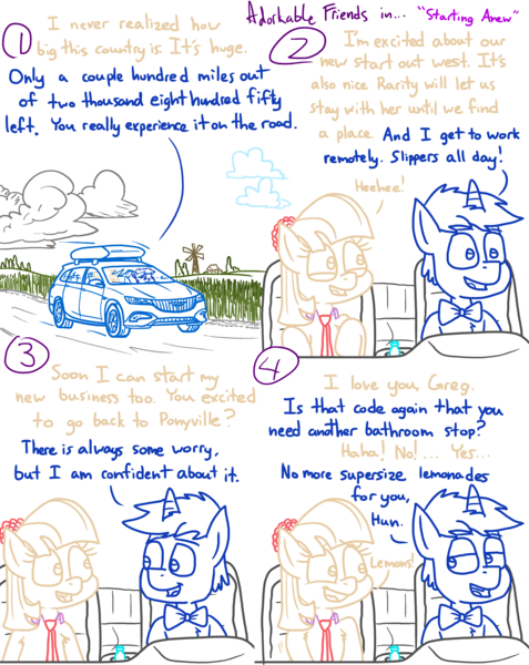 Size: 4779x6013 | Tagged: safe, artist:adorkabletwilightandfriends, derpibooru import, coco pommel, rarity, oc, oc:greg, pony, unicorn, comic:adorkable twilight and friends, adorkable friends, automobile, bathroom, bowtie, buick, buick regal tour x, car, character development, cloud, comic, covering crotch, equestria, happy, humor, juice, lemonade, love, moving, need to pee, potty time, road, road trip, romantic, scenery, station wagon, wagon