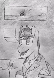 Size: 618x888 | Tagged: safe, artist:biergarten13, derpibooru import, tank, oc, oc:sift howler, unicorn, fallout equestria, burning, fallout equestria: ghosts of the past, officer, pak 40, panzer, periscope, solo, tanker, tanksight