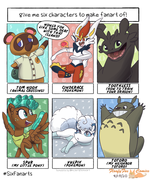 Size: 1715x2048 | Tagged: safe, artist:floofyfoxcomics, derpibooru import, spur, anthro, dragon, pegasus, pony, raccoon, vulpix, six fanarts, animal crossing, anthro with ponies, cinderace, clothes, crossover, female, filly, freckles, grin, how to train your dragon, looking back, male, my neighbor totoro, neckerchief, pokémon, raised hoof, smiling, tom nook, toothless the dragon, totoro