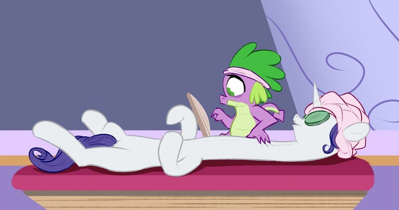 Size: 1280x675 | Tagged: safe, artist:astr0zone, derpibooru import, rarity, spike, dragon, pony, unicorn, book, cucumber, duo, female, food, headband, impossibly long neck, long neck, male, male and female, mare, massage, massage table, necc, on back, open mouth, reading, relaxing, spa, stretchy, towel, towel on head, unsure