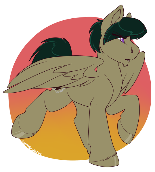 Size: 1618x1802 | Tagged: artist:onecoolmule, derpibooru import, narrowed eyes, oc, oc:mortarboard, oc:zuban, parted mane, pegasus, safe, serious, serious face, short mane, simple background, spread wings, trotting, wings