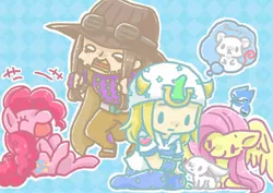 Size: 2048x1448 | Tagged: angel bunny, artist:m_a_a_m_8, artist:まー, derpibooru import, fluttershy, gyro zeppeli, johnny joestar, jojo's bizarre adventure, pinkie pie, safe, steel ball run