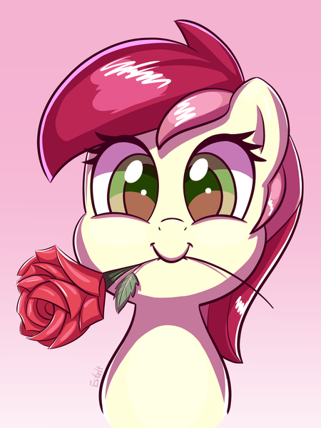 Size: 1500x2000 | Tagged: safe, artist:esfelt, derpibooru import, roseluck, earth pony, pony, bust, cute, cuteluck, female, flower, gradient background, looking at you, mare, mouth hold, portrait, rose, smiling, solo