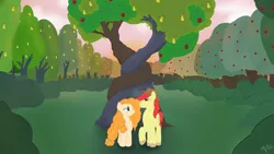 Size: 1080x608 | Tagged: safe, artist:operfield, derpibooru import, bright mac, pear butter, earth pony, pony, apple, apple tree, brightbutter, female, food, intertwined trees, male, mare, outdoors, pear tree, shipping, stallion, straight, tree