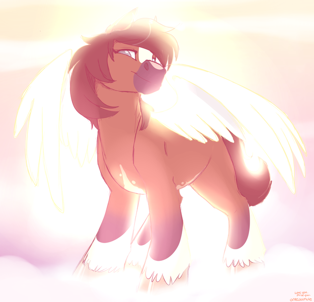 Size: 1816x1745 | Tagged: angel, artist:onecoolmule, cloud, cloudy, crepuscular rays, derpibooru import, female, heaven, locosaltinc, looking at you, looking down, looking down at you, mare, natural fur color, oc, oc:cooper, oc:locosaltinc, rest in peace, safe, sky background, smiling, spread wings, thoroughbred, wings