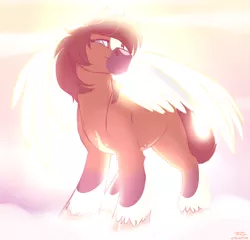 Size: 1816x1745 | Tagged: angel, artist:onecoolmule, cloud, cloudy, crepuscular rays, derpibooru import, female, heaven, locosaltinc, looking at you, looking down, looking down at you, mare, natural fur color, oc, oc:cooper, oc:locosaltinc, rest in peace, safe, sky background, smiling, spread wings, thoroughbred, wings