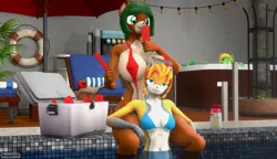 Size: 3748x2160 | Tagged: 3d, anthro, antlers, artist:dongly12, art pack:milfs in heat, big breasts, breasts, busty oc, clothes, cooler, deer, deer oc, derpibooru import, female, females only, food, high res, hot tub, mother and child, mother and daughter, oc, oc:fireberry, oc:sealeaf, oc:tea tree, original species, plantigrade anthro, poolside, popsicle, revamped anthros, shark, shark pony, source filmmaker, suggestive, swimming pool, swimsuit, unamused, water