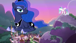 Size: 1280x720 | Tagged: safe, derpibooru import, princess celestia, princess luna, alicorn, pony, canterlot, female, giant alicorn, giant pony, giant/tiny, giantess, hoof shoes, jewelry, macro, mare, mega giant, mega luna, regalia, size difference