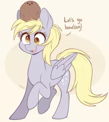 Size: 1340x1500 | Tagged: safe, artist:higgly-chan, derpibooru import, derpy hooves, pegasus, pony, bowling, coconut, cute, derpabetes, female, food, let's go bowling, mare, open mouth, raised hoof, raised leg, solo