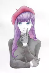 Size: 694x1024 | Tagged: artist:kusunok, artist:kusunok77, beatnik rarity, becoming popular, beret, clothes, derpibooru import, hat, human, humanized, japanese, meta, pony coloring, rarity, safe, simple background, solo, sweater, traditional art, twitter, watercolor painting, white background