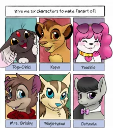 Size: 2010x2267 | Tagged: safe, artist:helicityponi, derpibooru import, octavia melody, anthro, big cat, cat, dog, earth pony, hybrid, hyena, lion, mightyena, pony, rabbit, six fanarts, animal, anthro with ponies, blushing, bowtie, clothes, collar, crossover, don bluth, female, kopa, mare, mrs. brisby, pokémon, poochie, ryo-ohki, smiling, sunglasses, tenchi muyo, the lion guard, the secret of nimh, whiskers