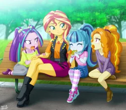 Size: 1200x1045 | Tagged: safe, artist:uotapo, derpibooru import, adagio dazzle, aria blaze, sonata dusk, sunset shimmer, equestria girls, adoragio, age regression, ariabetes, child, cute, eating, eyes closed, food, geode of empathy, kid, magical geodes, mama sunset, open mouth, shimmerbetes, sitting, sonatabetes, sonataco, taco, that girl sure loves tacos, the dazzlings, tree, uotapo is trying to murder us, weapons-grade cute, younger