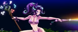 Size: 4784x1976 | Tagged: suggestive, artist:mauroz, derpibooru import, starlight glimmer, human, equestria girls, absurd file size, alternate hairstyle, anime, beach, belly button, blast, boots, breasts, clothes, cutie mark, fight, grin, horn wand, humanized, magic, magic beam, magic blast, magic wand, night, palm tree, rainbow, shoes, sky, smiling, staff, staff of sameness, torn clothes, torn pants, tree, vest