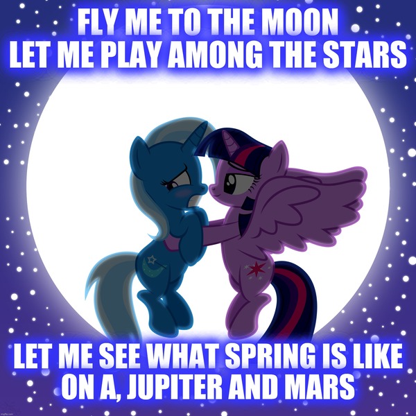 Size: 2000x2000 | Tagged: alicorn, artist:navitaserussirus, derpibooru import, edit, female, fly me to the moon, frank sinatra, lesbian, moon, neon genesis evangelion, safe, shipping, song reference, trixie, twilight sparkle, twilight sparkle (alicorn), twixie