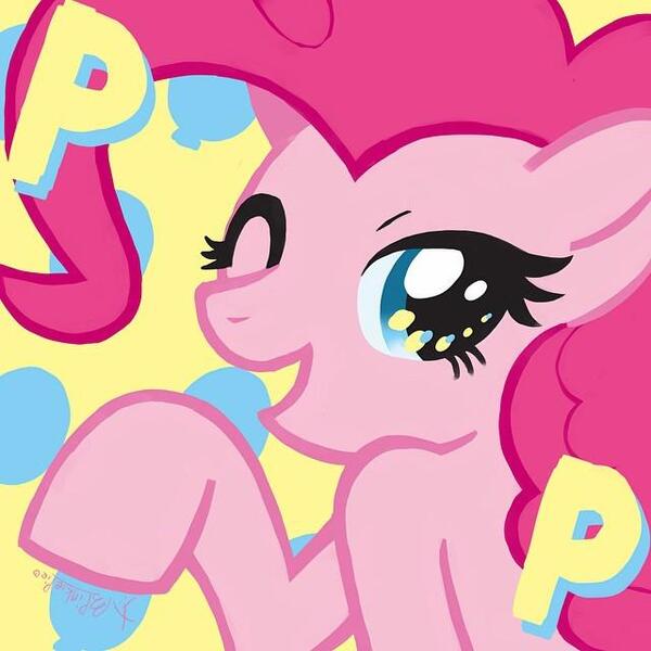 Size: 640x640 | Tagged: artist:hattoushinha, derpibooru import, instagram, japanese, meta, one eye closed, pinkie pie, safe, solo, twitter, wink