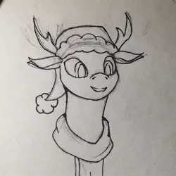 Size: 1080x1080 | Tagged: antlers, artist:operfield, bust, changedling, changedling oc, changeling, changeling oc, christmas, christmas changeling, clothes, derpibooru import, hat, holiday, lineart, monochrome, oc, safe, santa hat, scarf, smiling, solo, traditional art, unofficial characters only