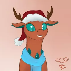 Size: 676x676 | Tagged: antlers, artist:operfield, bust, changedling, changedling oc, changeling, changeling oc, christmas, christmas changeling, clothes, colored, derpibooru import, gradient background, hat, holiday, oc, safe, santa hat, scarf, signature, smiling, solo, unofficial characters only