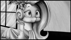 Size: 1280x720 | Tagged: artist:zebra10045, black and white, derpibooru import, fluttershy, funny face, grayscale, :i, make new friends but keep discord, monochrome, safe, scene interpretation, solo, we bought two cakes