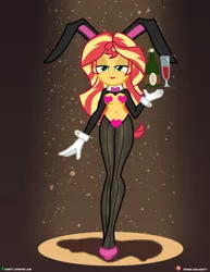 Size: 3090x4000 | Tagged: suggestive, artist:dieart77, derpibooru import, sunset shimmer, equestria girls, belly button, bottle, bowtie, breasts, bunny ears, censored, clothes, commission, female, glass, gloves, high heels, nudity, pantyhose, reverse bunny suit, shoes, smiling, solo, solo female, tray, waitress